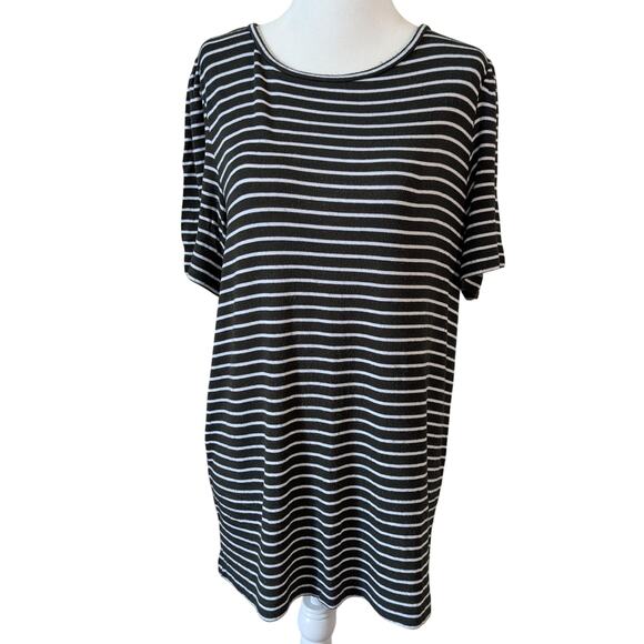 LOFT Green White Striped Knit Top Size Medium Scoop Neck Short Sleeve - Picture 1 of 7